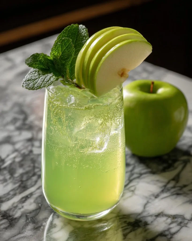 Mummy’s Green Apple Fizz Mocktail served in a glass with green apple slices