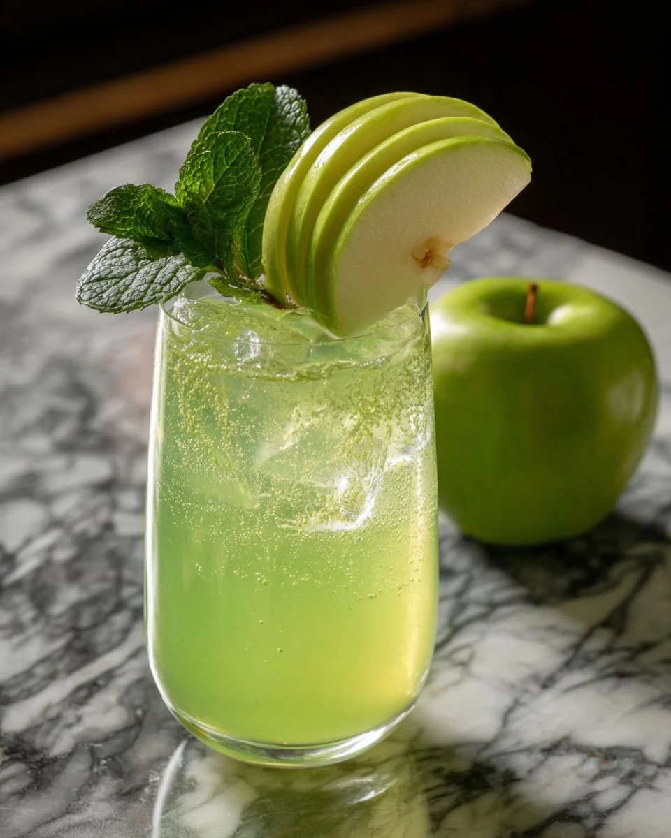 Mummy’s Green Apple Fizz Mocktail served in a glass with green apple slices