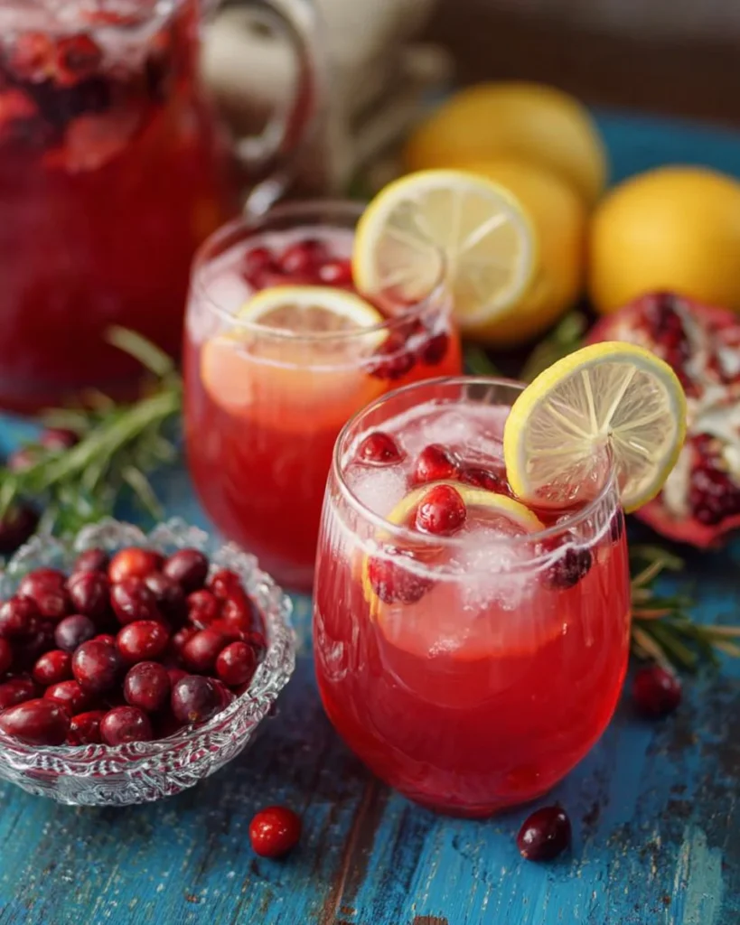 Non-alcoholic holiday punch with fruits and festive decorations