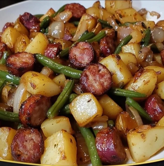 One Pan Sausage Green Beans dish prepared with fresh ingredients