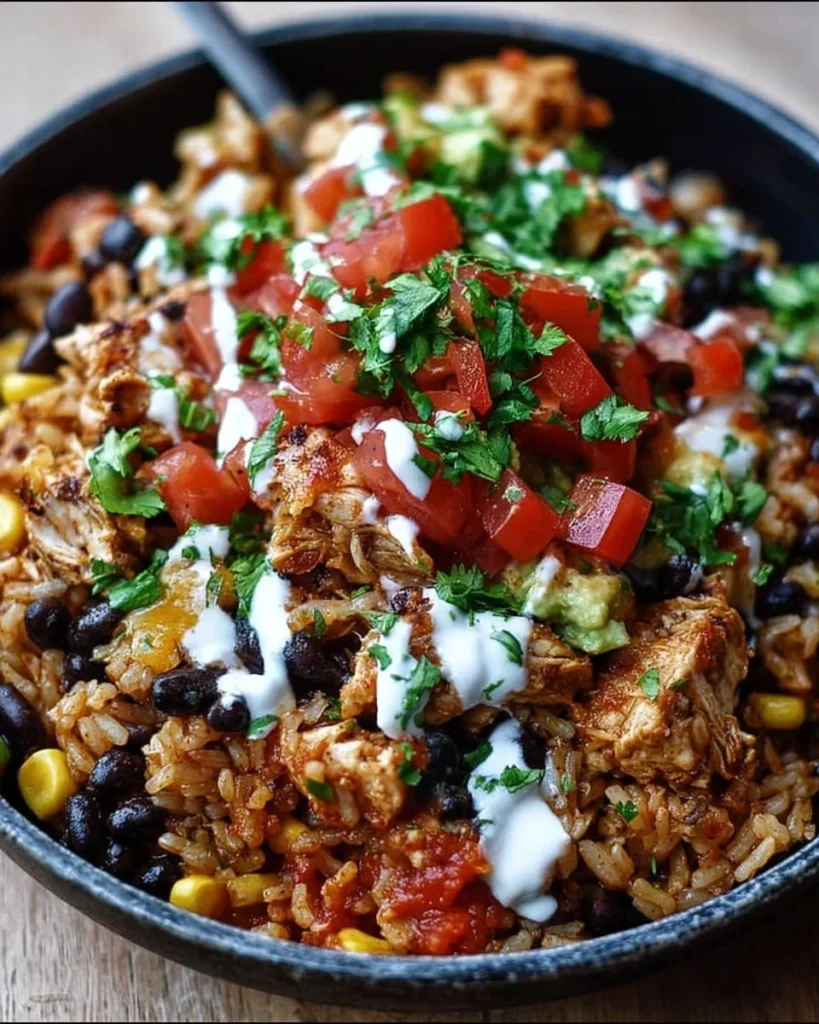 One Pot Chicken Burrito Bowl with chicken, rice, beans, and toppings.
