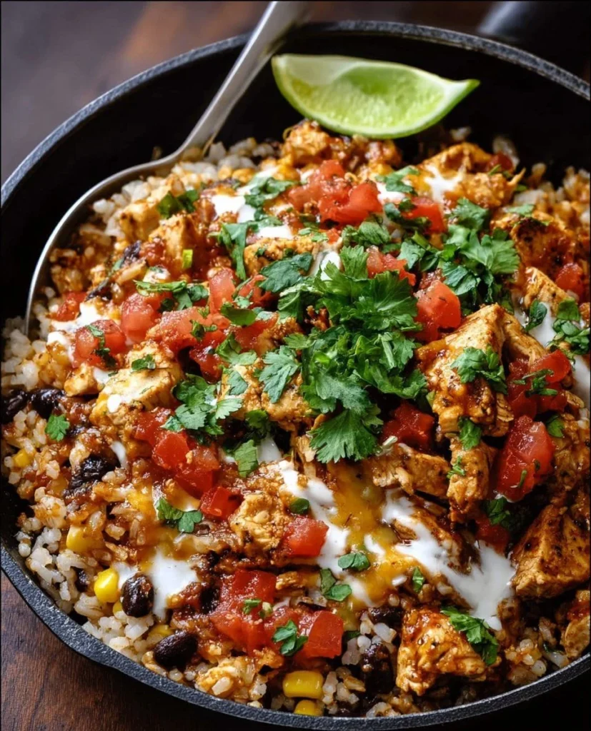 Delicious One Pot Chicken Burrito Bowl with fresh ingredients and toppings
