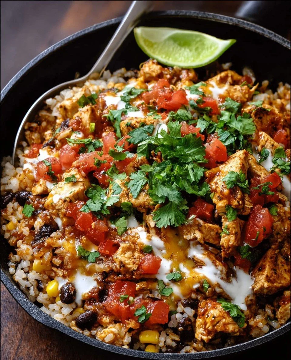 Delicious One Pot Chicken Burrito Bowl with fresh ingredients and toppings