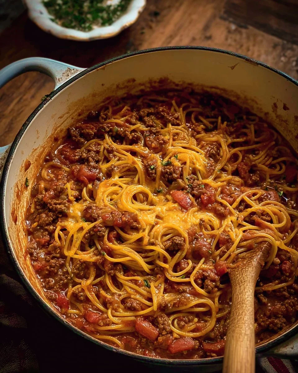 A hearty bowl of one pot Cowboy Spaghetti garnished with herbs.