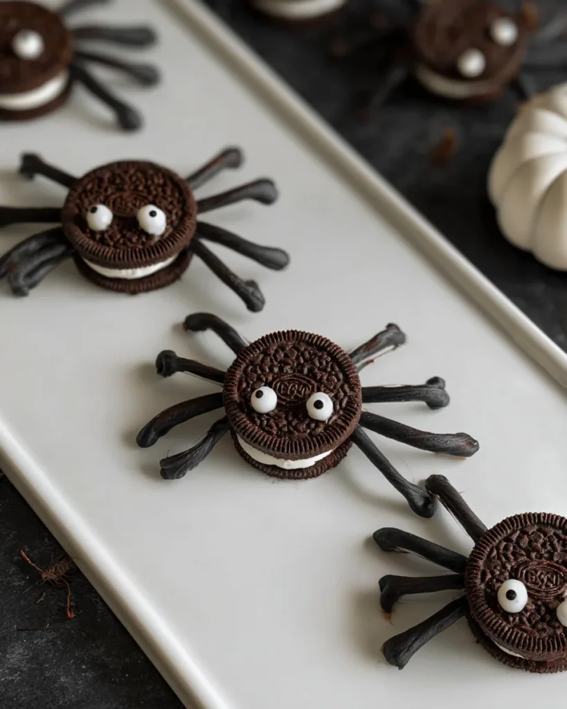 Plate of homemade Oreo Spiders, a fun Halloween treat decorated with candy.