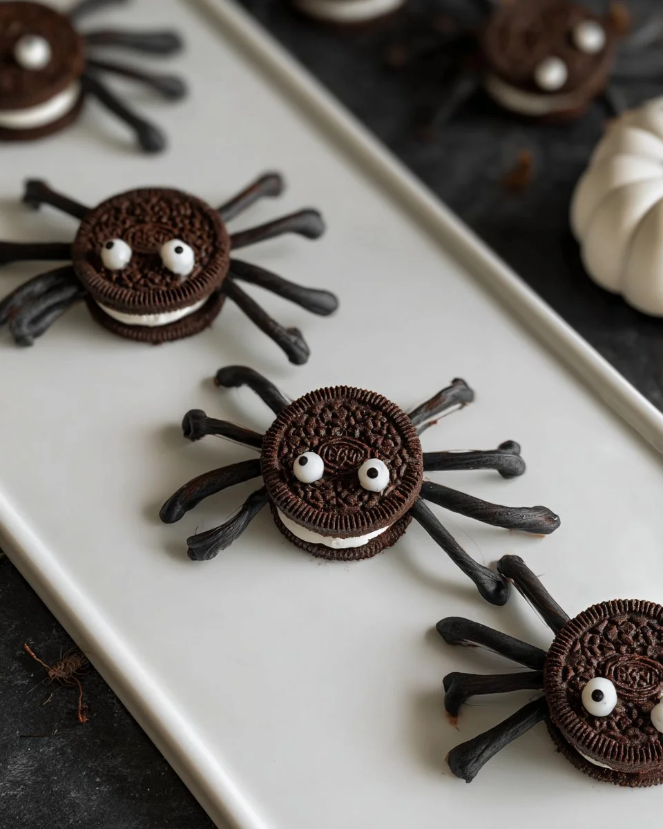 Plate of homemade Oreo Spiders, a fun Halloween treat decorated with candy.