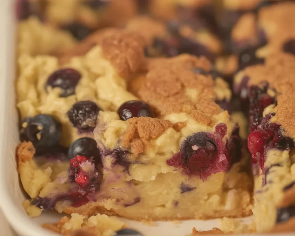 Delicious Overnight Blueberry Pancake Casserole topped with fresh blueberries.