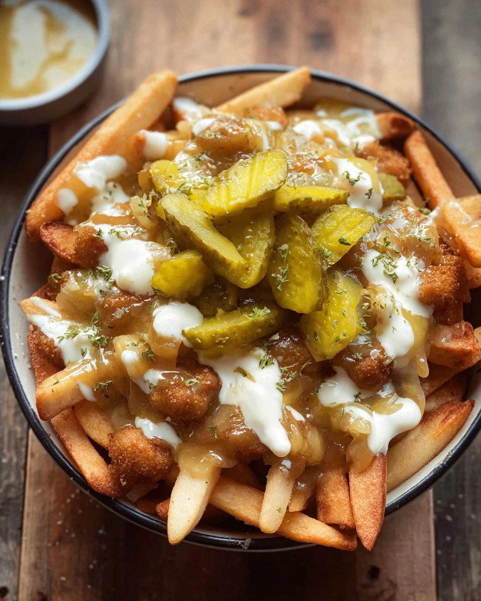 Delicious pickle poutine served in a bowl, featuring fries, cheese curds, and pickles.