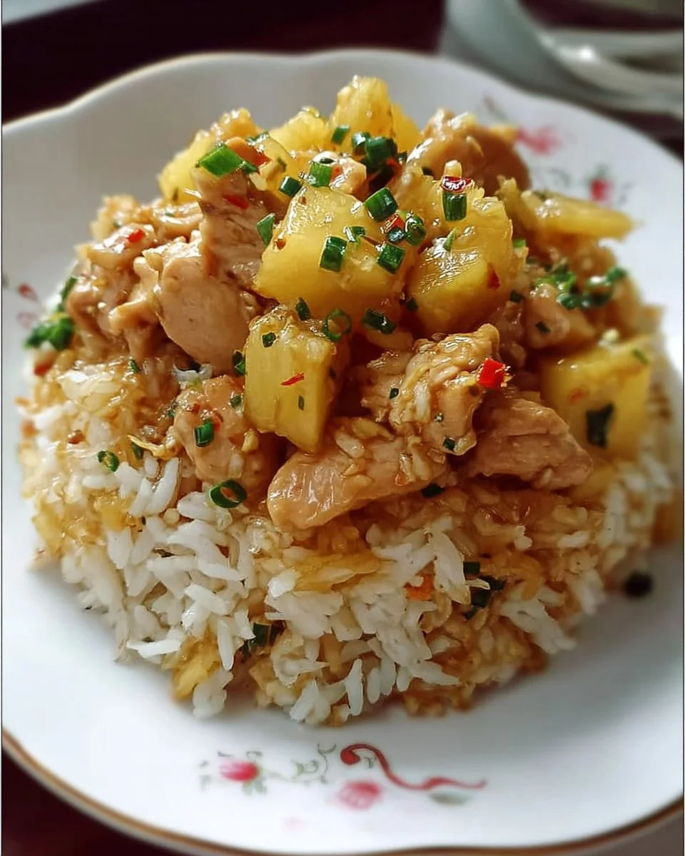 Pineapple Chicken served with rice on a plate garnished with fresh herbs