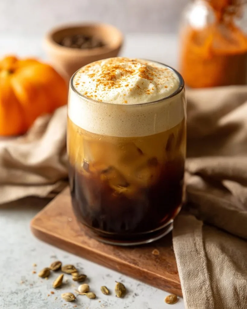 Pumpkin Cream Cold Brew topped with pumpkin cold foam in a clear cup