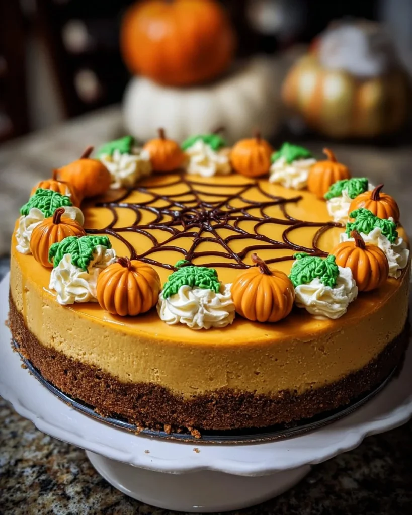 Delicious Pumpkin Patch Cheesecake with a creamy filling and pumpkin spice topping