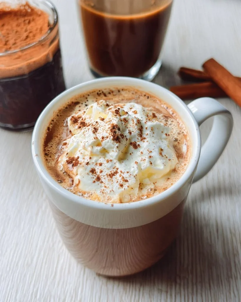 A cozy mug of pumpkin spice hot chocolate topped with whipped cream and pumpkin pie spice.