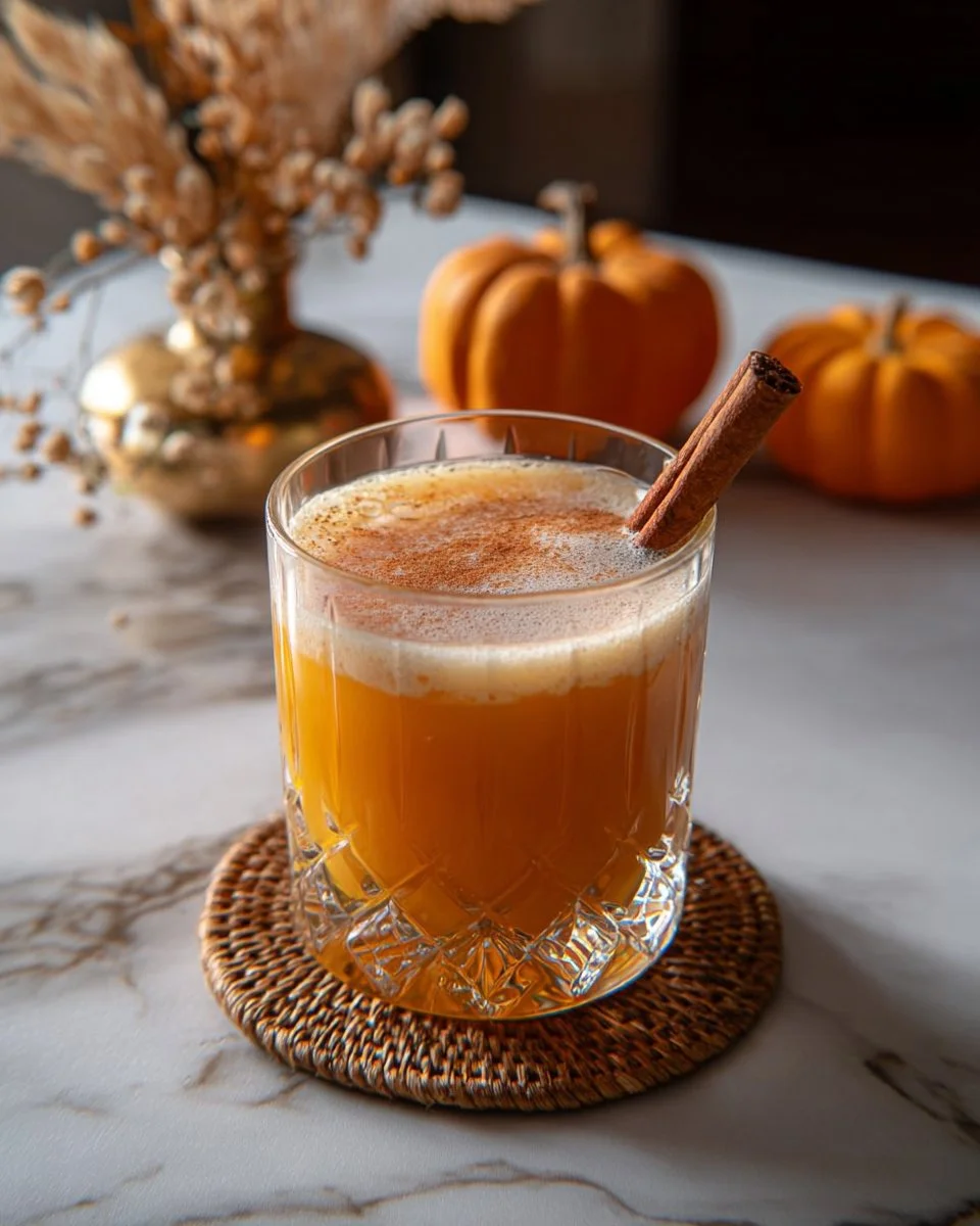 Pumpkin Spice Mocktail in a festive glass with cinnamon and pumpkin decorations