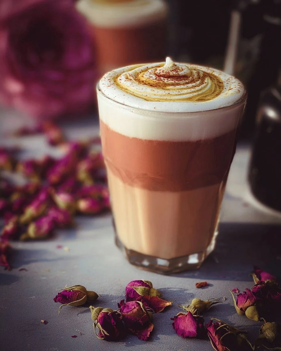 Pumpkin Spice Rose Black Latte with decorative whipped cream topping