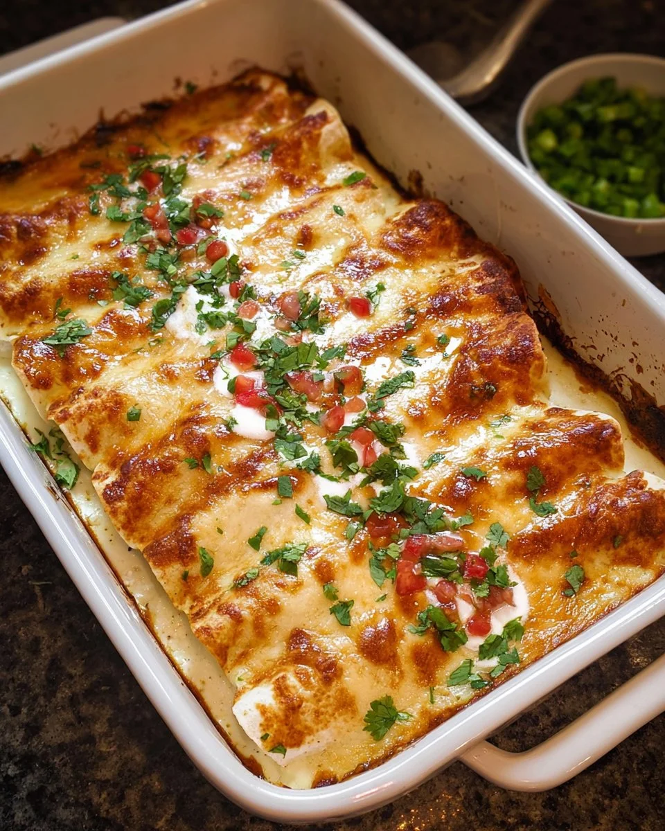Delicious queso enchiladas topped with melted cheese and served with fresh garnishes.
