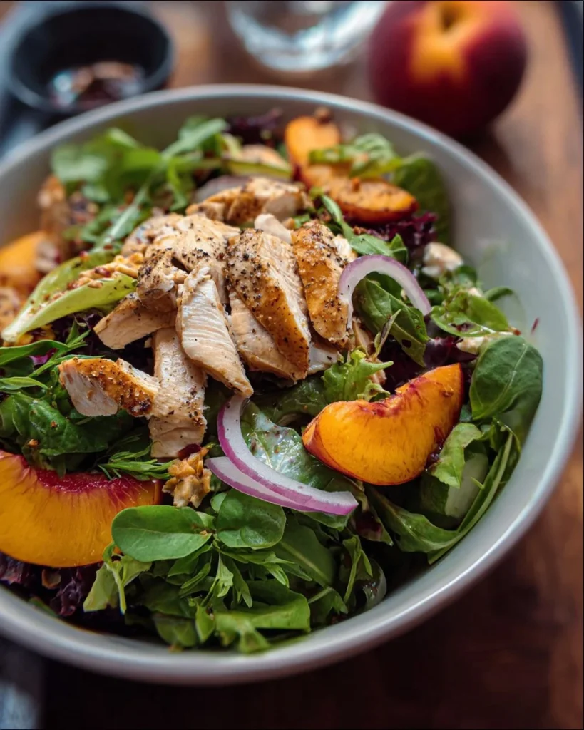 Roasted Peach Chicken Salad with chicken, peaches, and greens