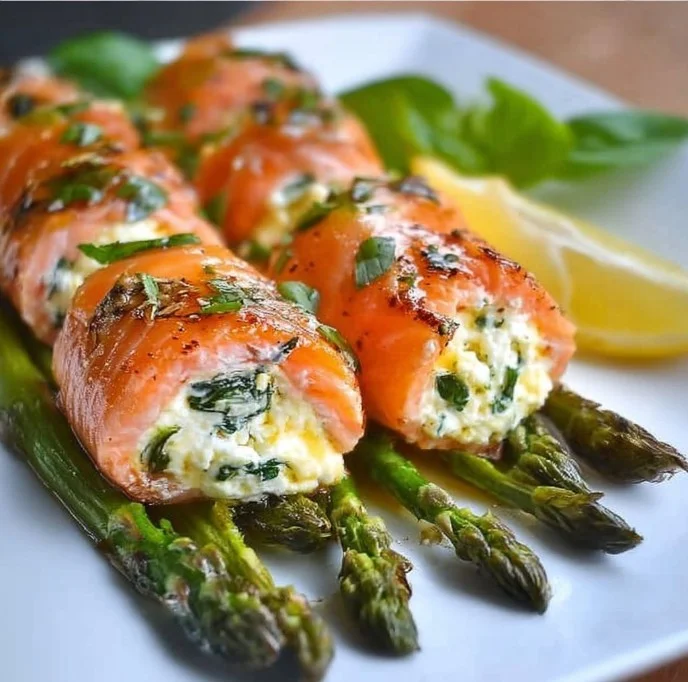Salmon rolls with asparagus, a healthy sushi dish featuring fresh ingredients.