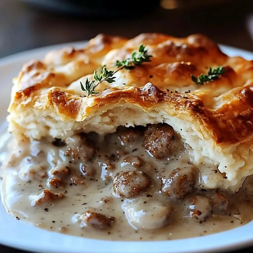 Delicious Sausage Gravy Pie made with puff pastry, served on a plate.