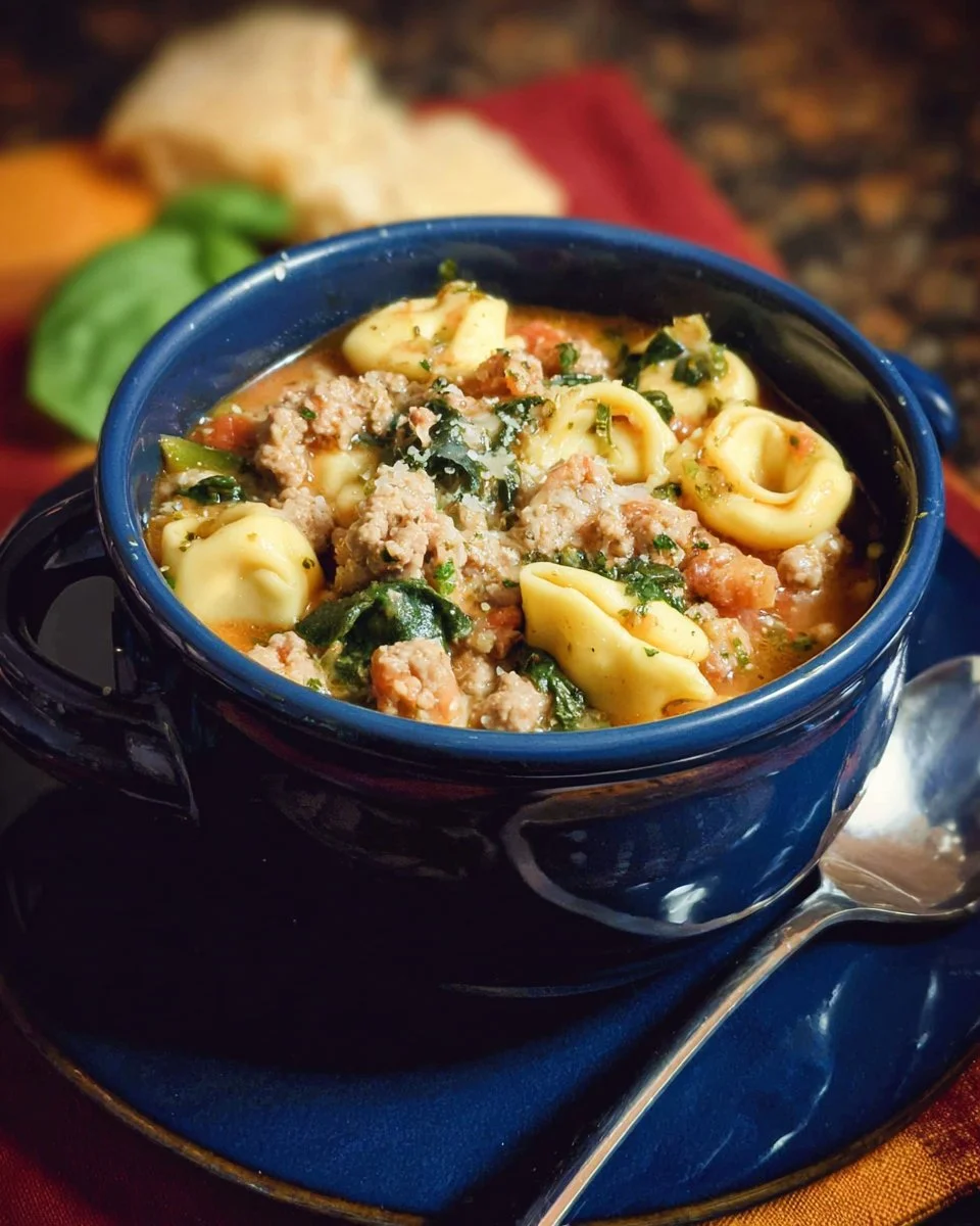 A warm bowl of Sausage Tortellini Soup garnished with herbs.