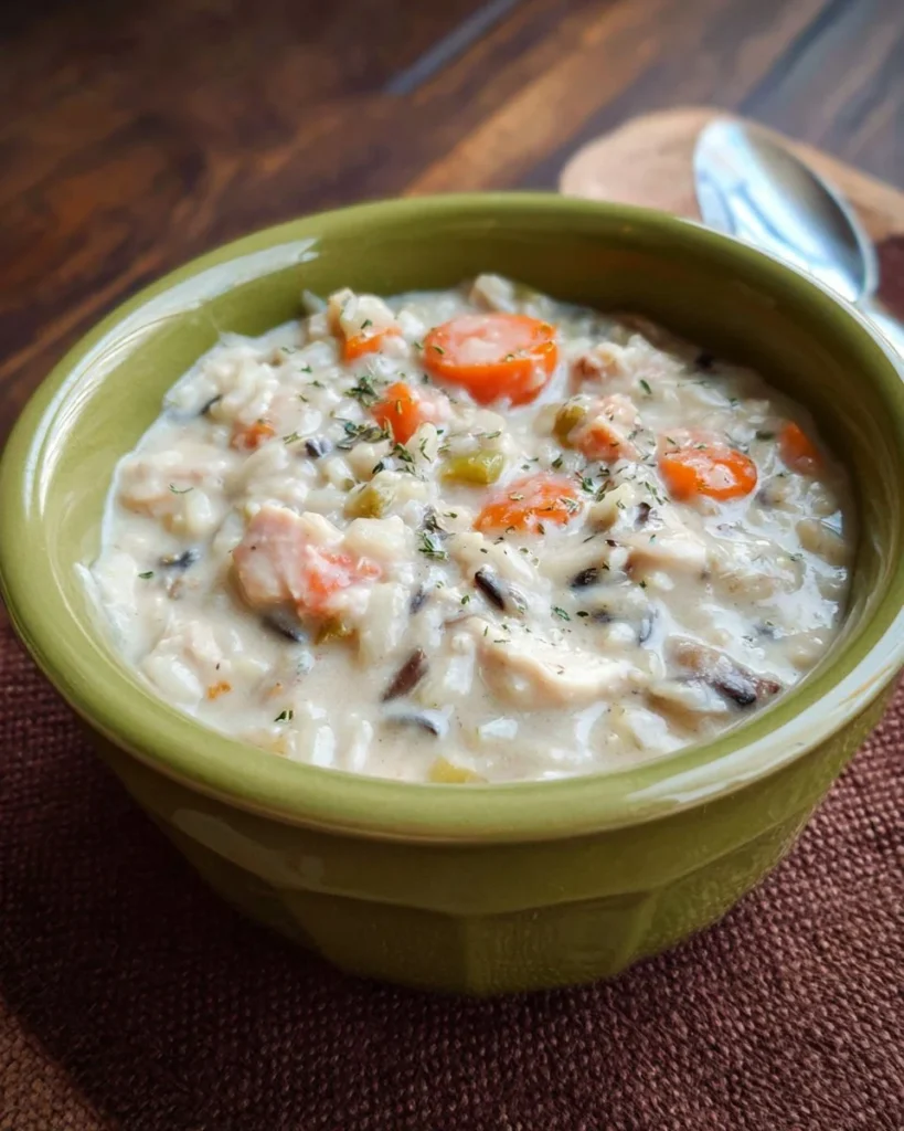 Bowl of slow cooker creamy chicken and wild rice soup garnished with herbs