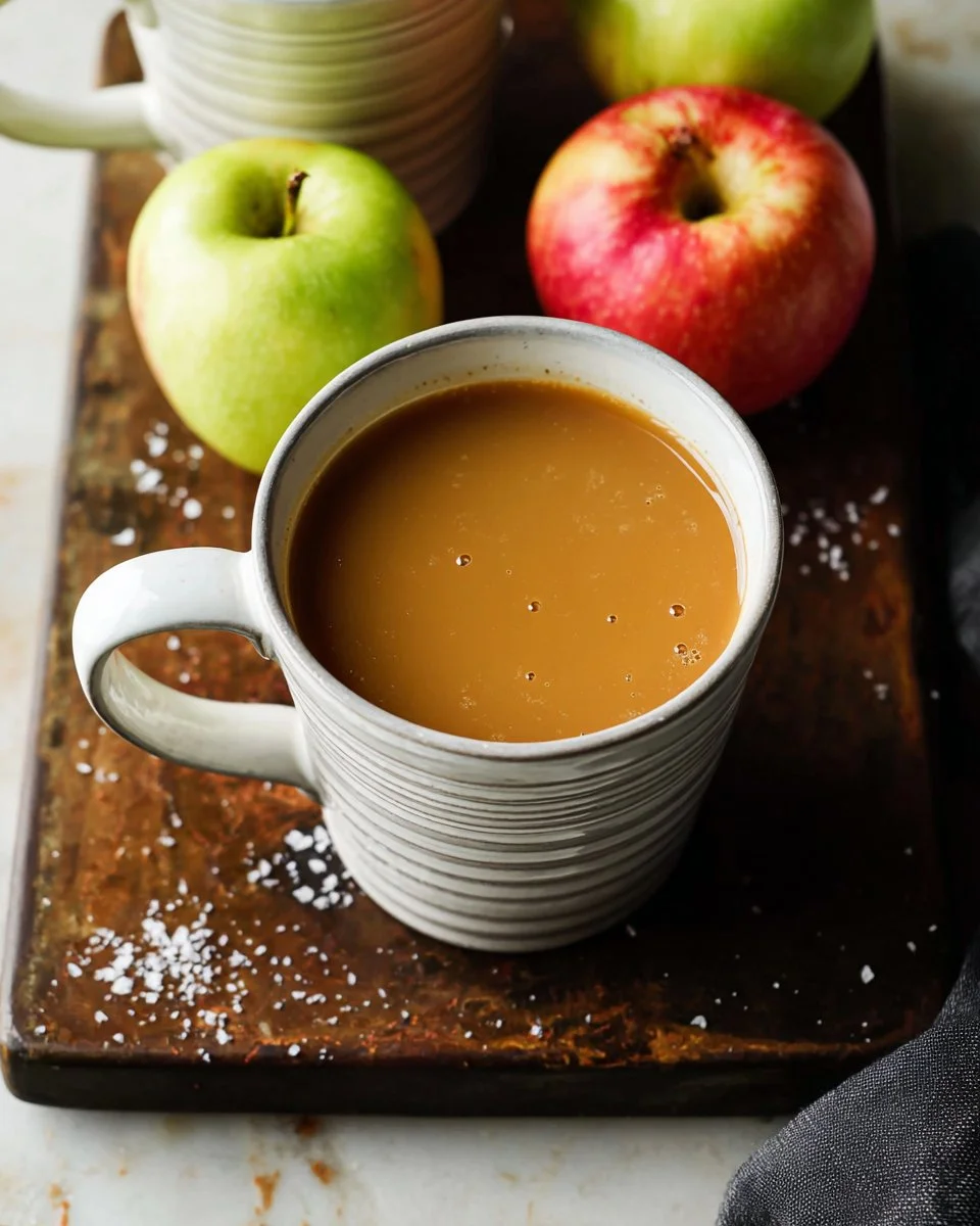 Warm salted caramel apple cider in a slow cooker with cinnamon sticks and apples.
