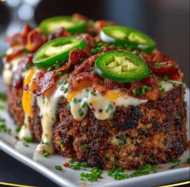 Smoky jalapeño popper meatloaf served with cheesy topping and crispy bits.