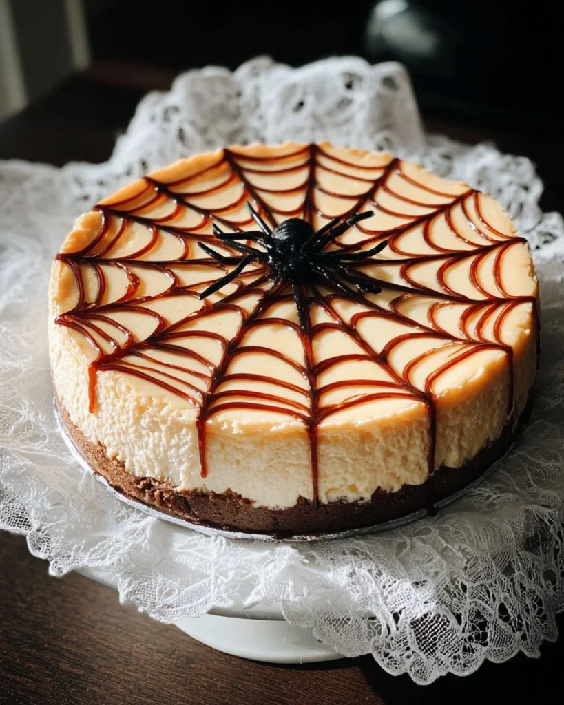 A beautifully decorated Spiderweb Cheesecake with chocolate and cream topping