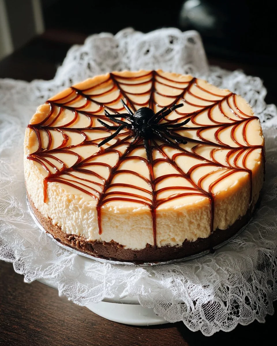 A beautifully decorated Spiderweb Cheesecake with chocolate and cream topping