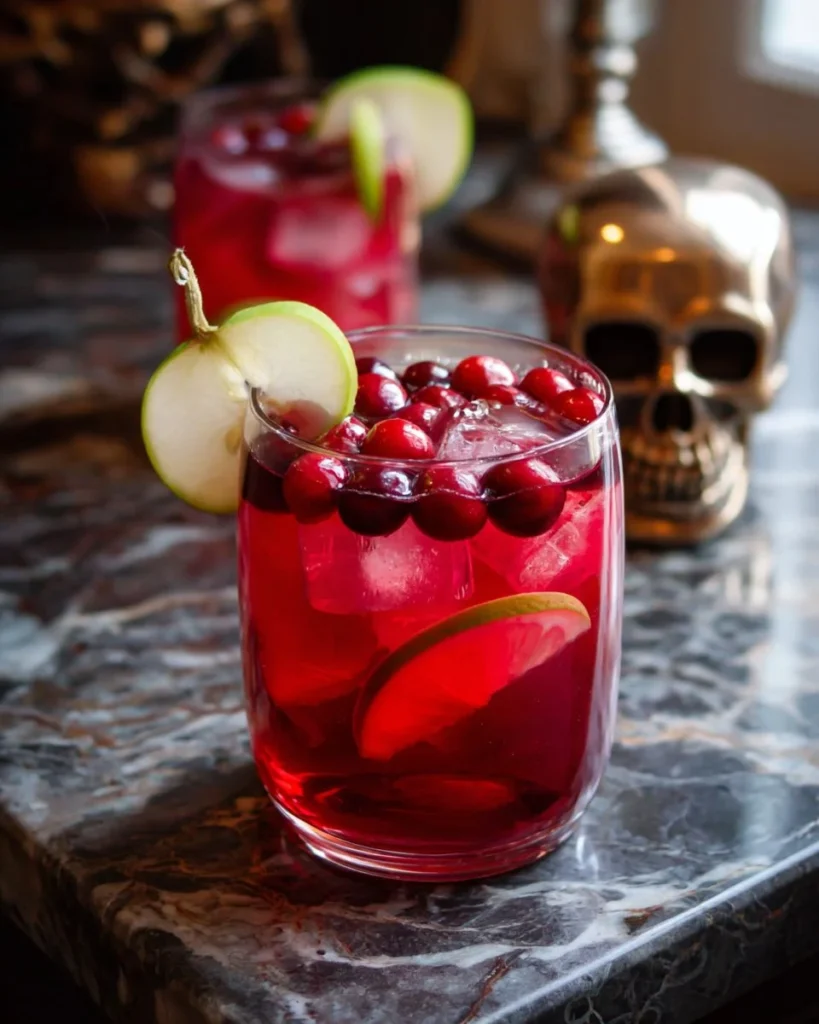 Spooky cranberry apple punch mocktail served in a festive glass with garnish.