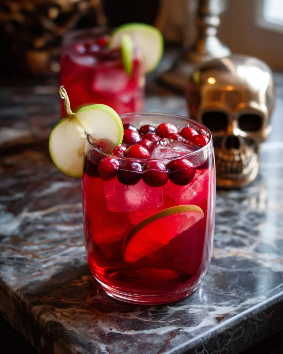 Spooky cranberry apple punch mocktail served in a festive glass with garnish.