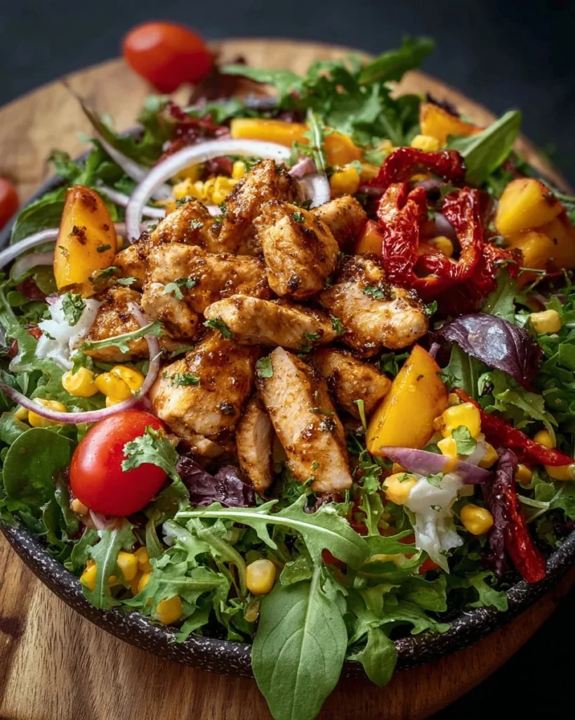 Sweet and Spicy Chicken Peach Salad served in a bowl with greens and vibrant colors.