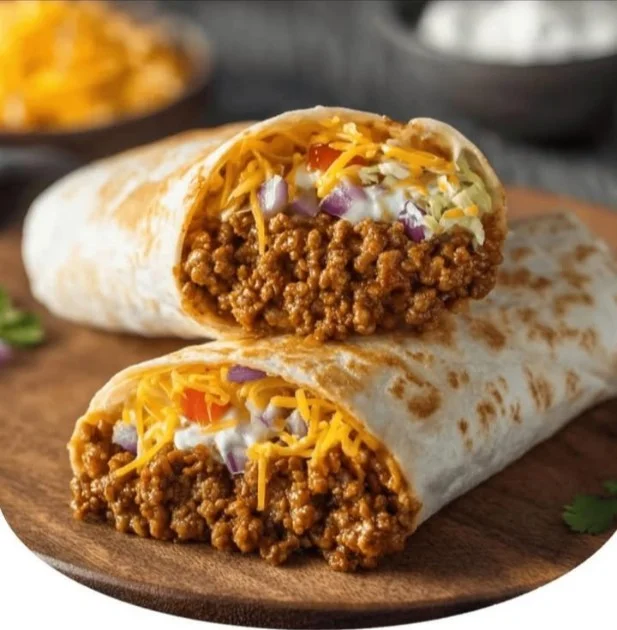 Taco Bell Beefy Melt Burrito with cheese and beef wrapped in a tortilla