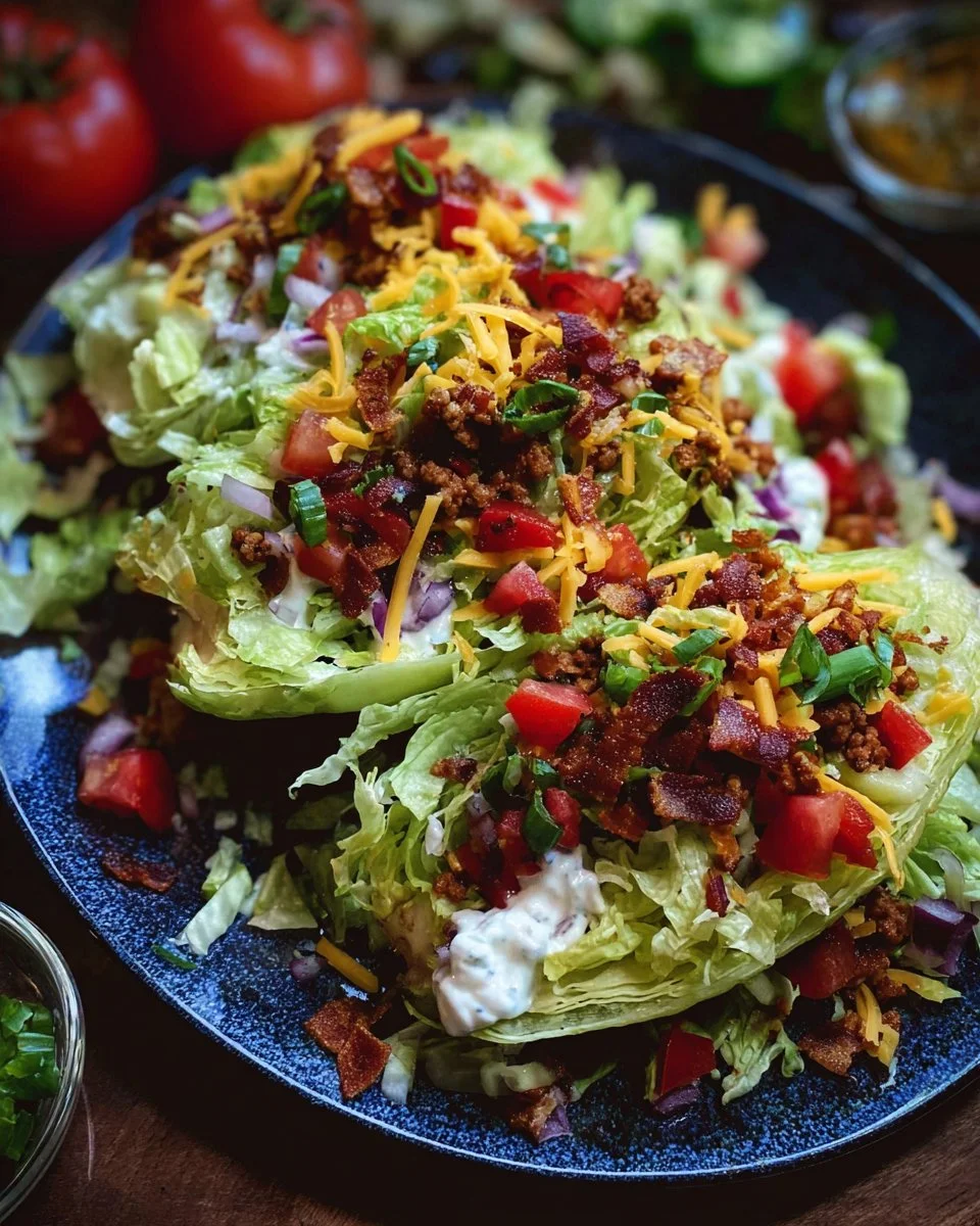 Colorful Taco Wedge Salad with fresh toppings and ingredients