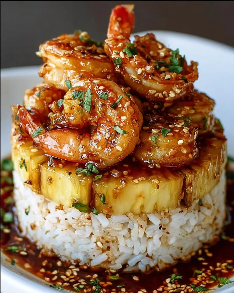 Teriyaki shrimp served on a pineapple rice stack for a delicious meal.