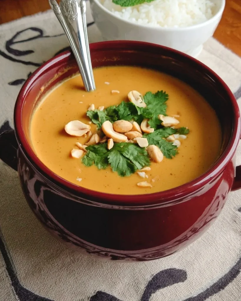 Bowl of creamy Thai Peanut Soup garnished with herbs