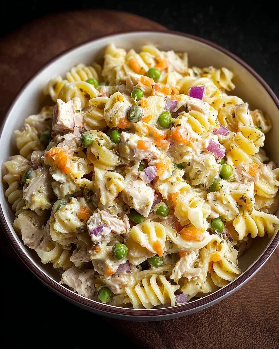 Bowl of Tuna Pasta Salad featuring a unique secret ingredient