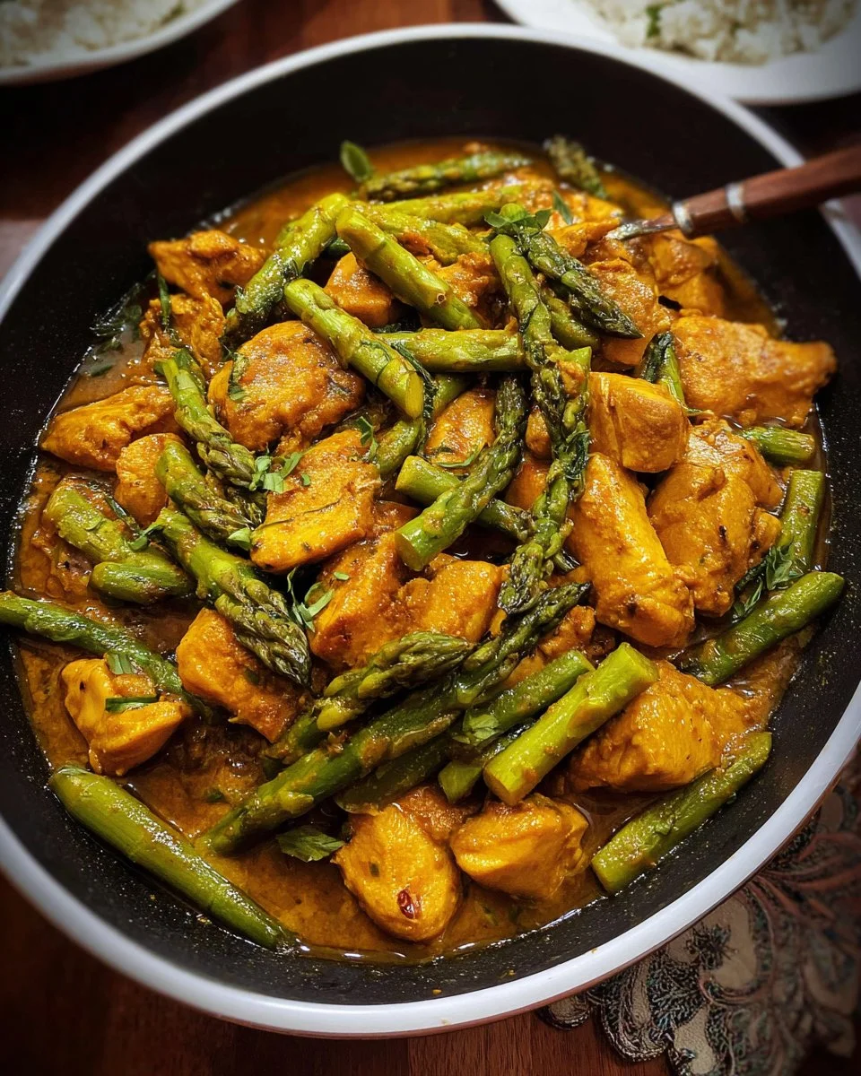 Plate of turmeric black pepper chicken with asparagus, garnished and ready to serve.