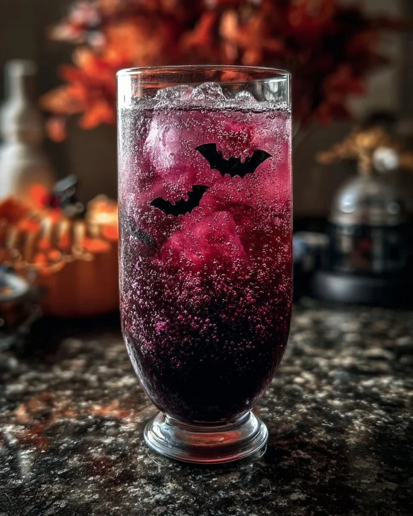 Spooky Halloween Bat Juice mocktail in a glass with bat decorations