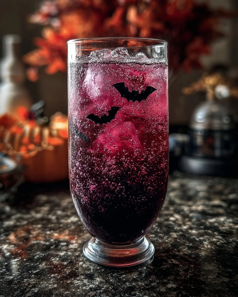 Spooky Halloween Bat Juice mocktail in a glass with bat decorations