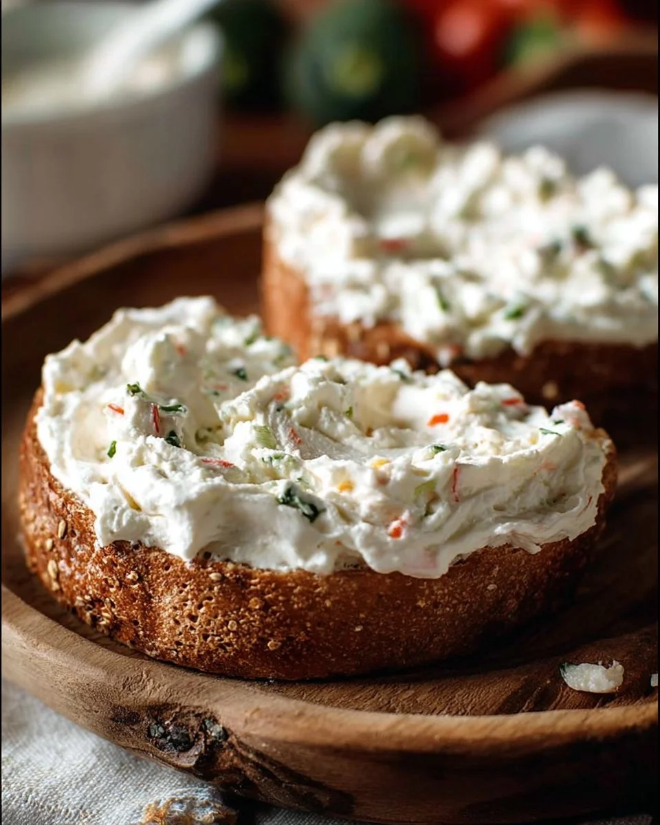 Delicious Veggie Cream Cheese spread on a bagel with fresh vegetables