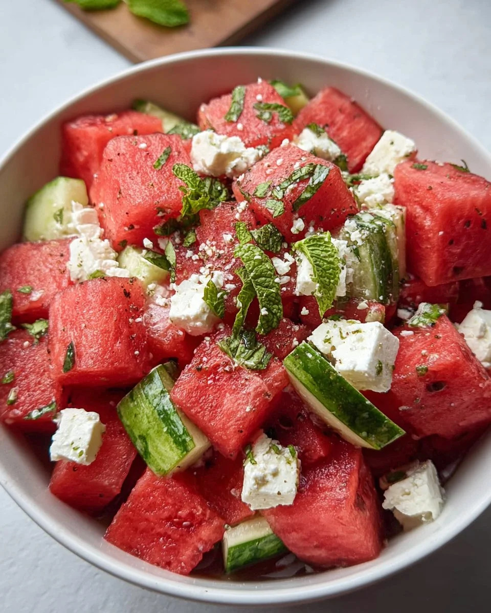 Delicious watermelon feta salad with fresh mint and dressing