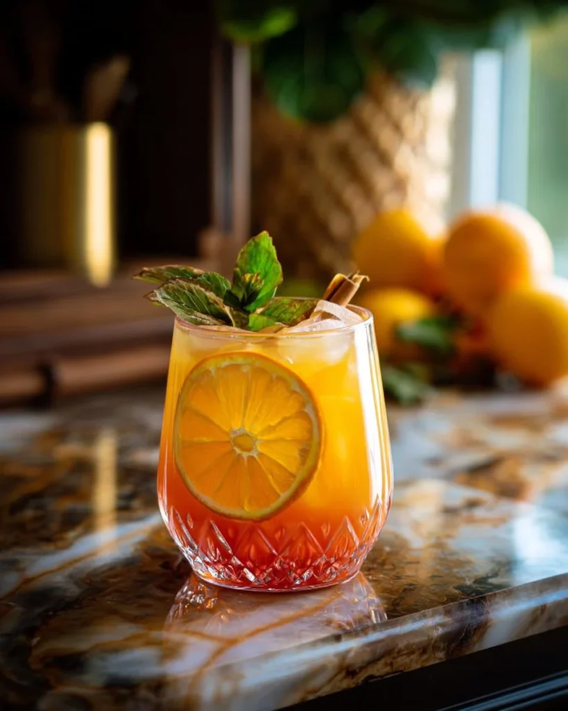 Witch’s Brew Citrus Punch Mocktail served in a spooky glass with citrus fruits.