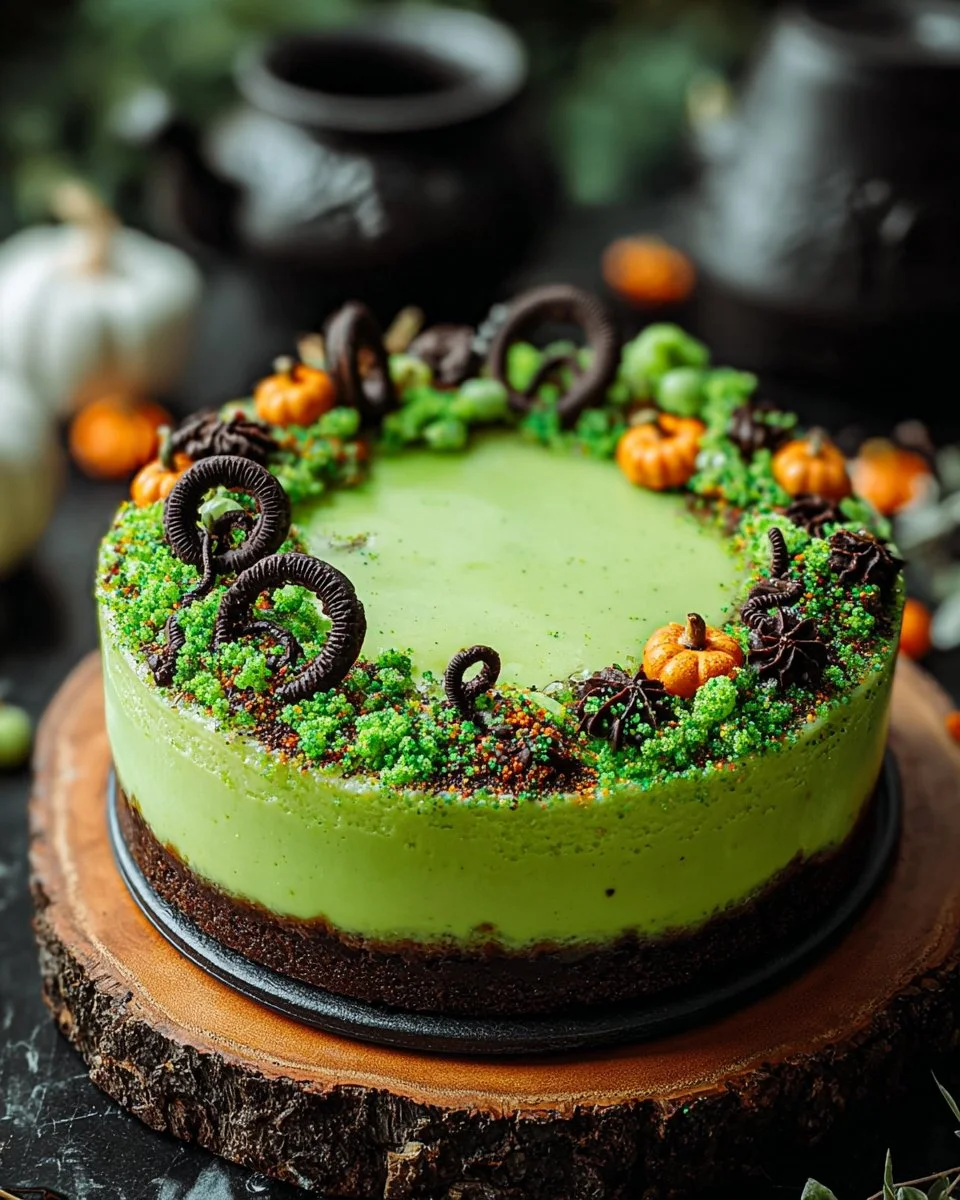 Witch's Cauldron Cheesecake with spooky decorations and dark chocolate drizzle