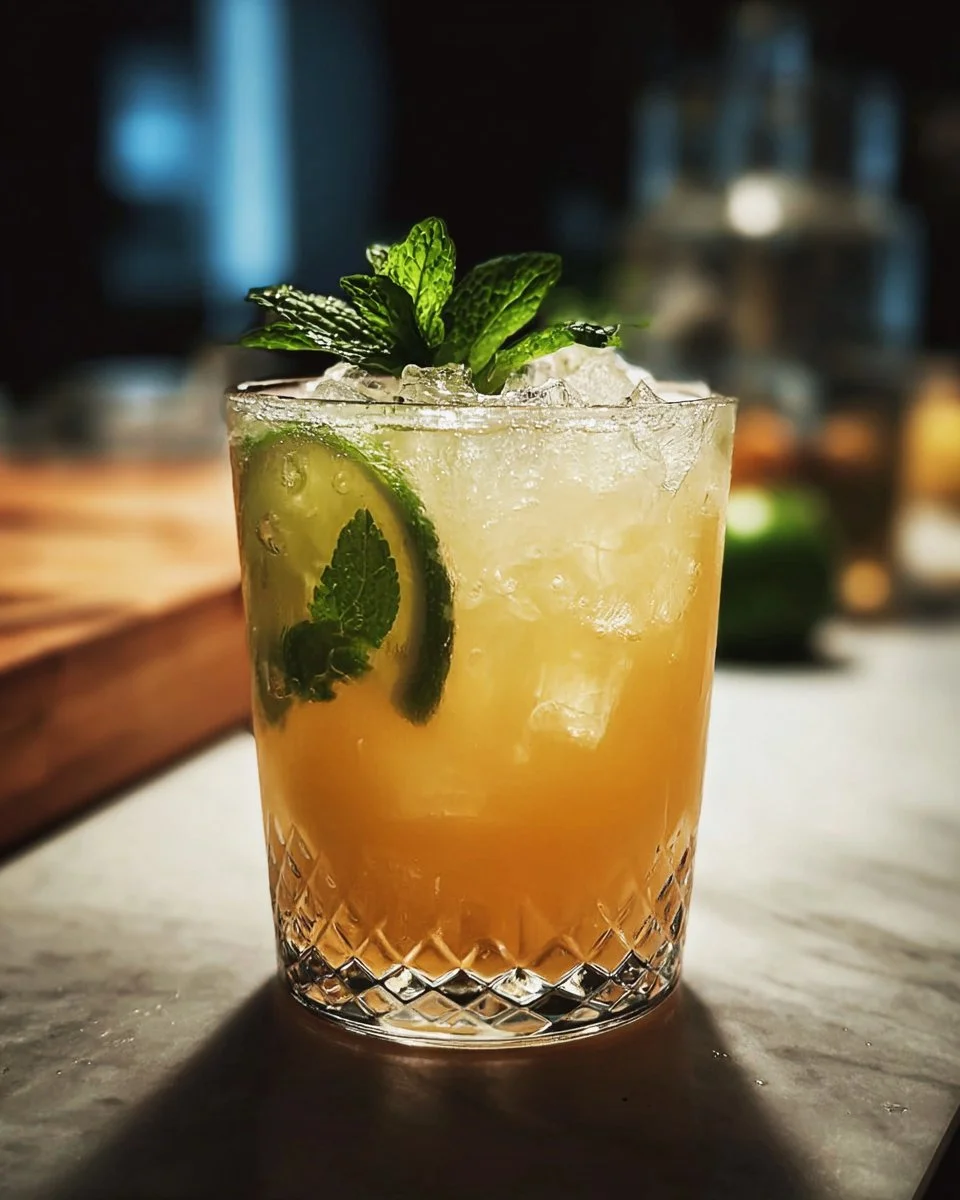 Refreshing Apple Ginger Fizz mocktail served in a glass with fresh ginger and apple slices.