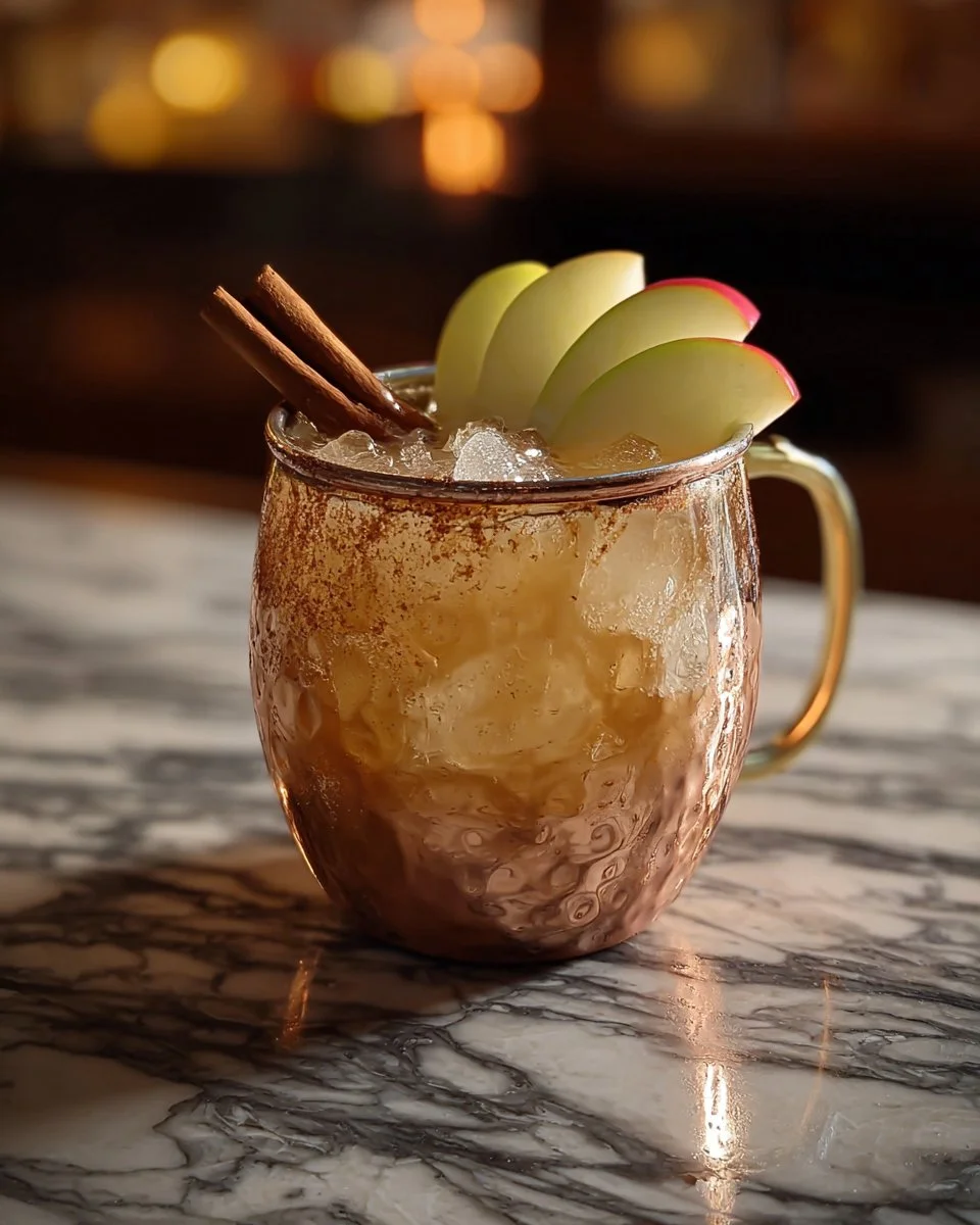 Refreshing Apple Moscow Mule Mocktail in a copper mug with apple slices