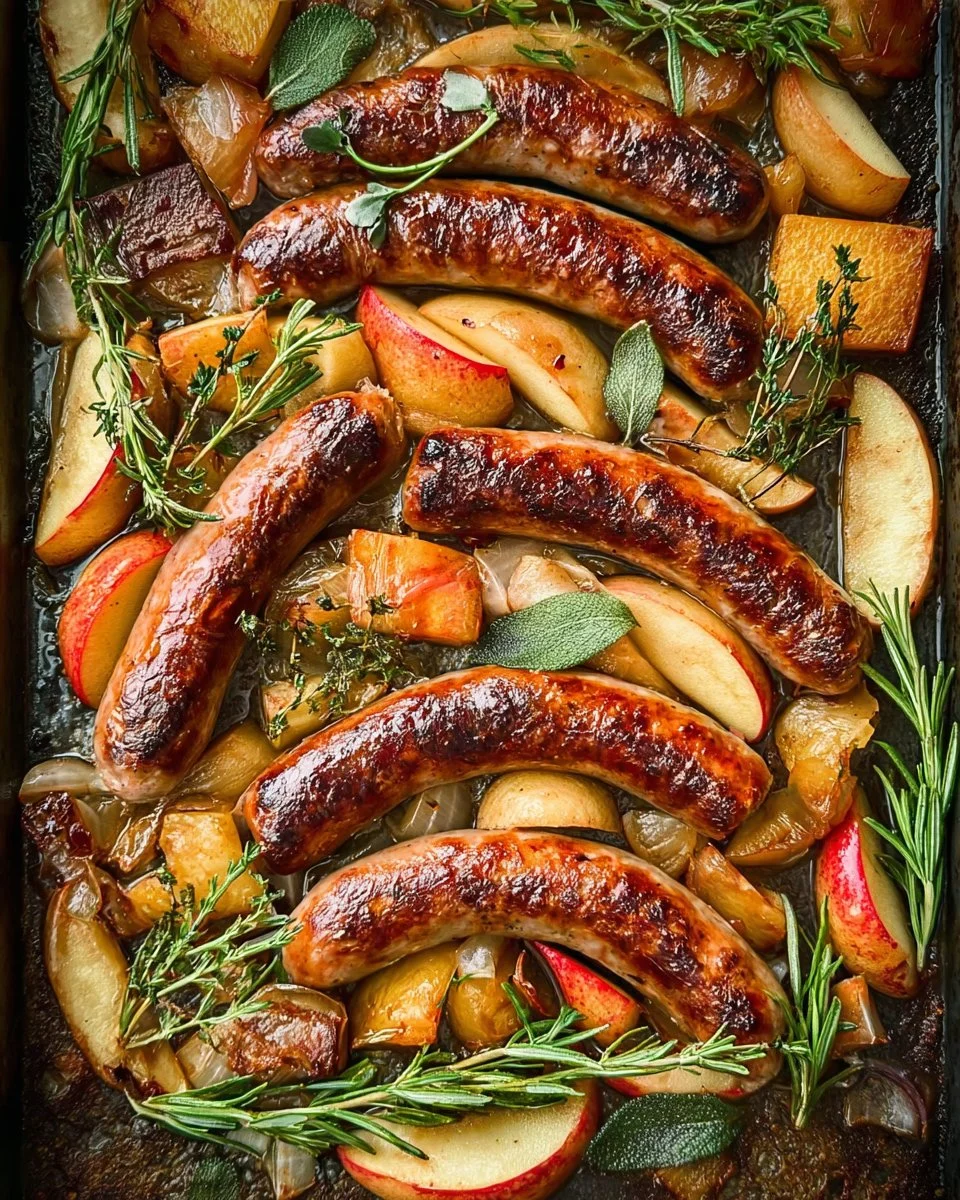 Baked sausages with apples on a sheet pan ready for dinner