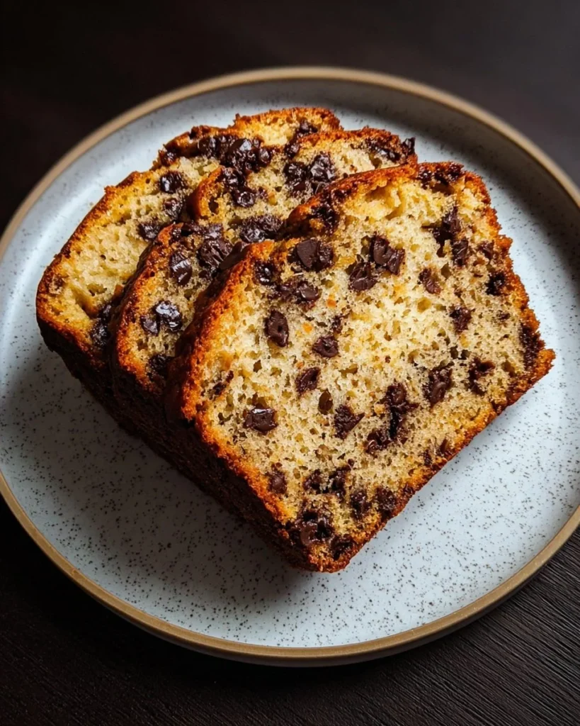 Delicious banana bread with chocolate chips sliced on a wooden board