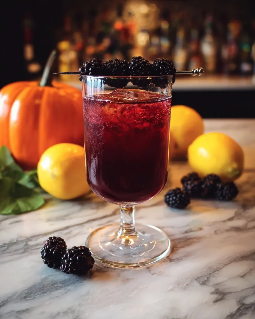 A refreshing Blackberry Raven mocktail garnished with fresh blackberries and mint.