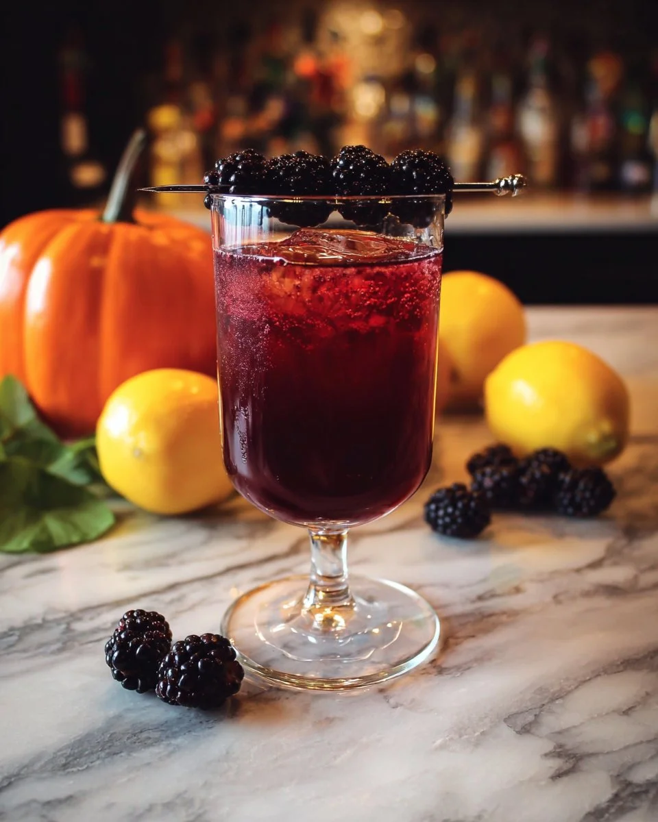 A refreshing Blackberry Raven mocktail garnished with fresh blackberries and mint.