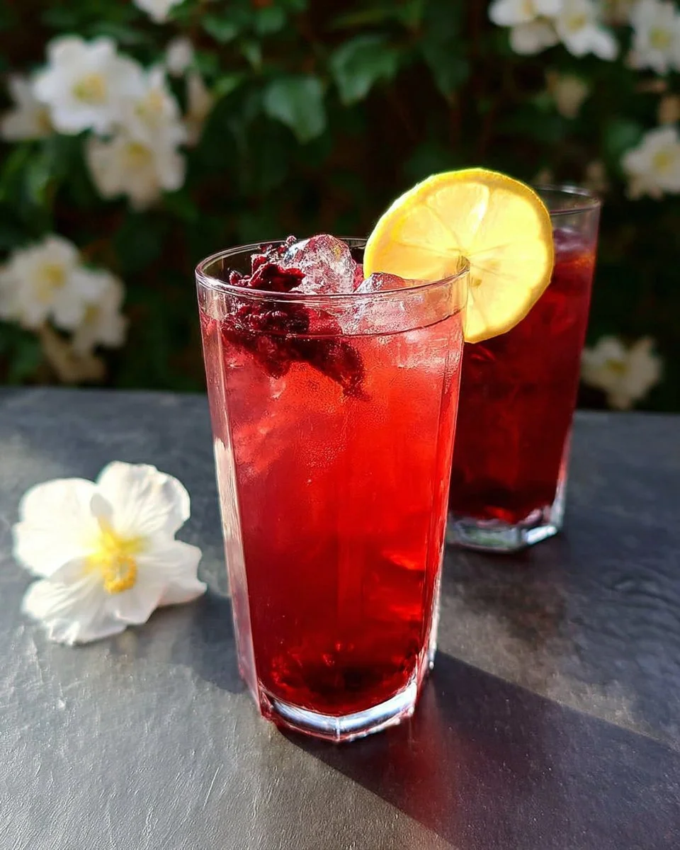 A refreshing Blood Moon Cherry Hibiscus Palmer beverage served with ice and a slice of lemon.